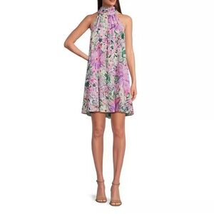 Badgley Mischka floral turtleneck sleeveless trapeze mini dress
